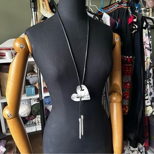 Silver Heart Necklace, with black cord and tassels fun, unique, beautiful trend